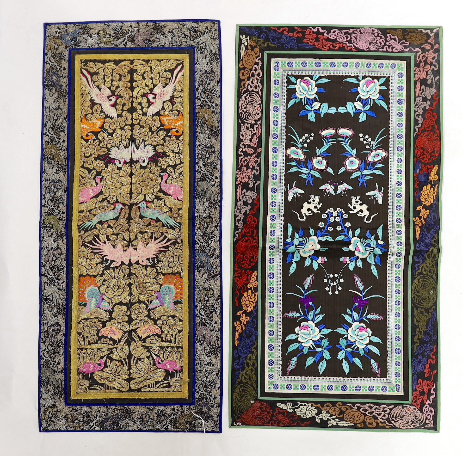 A pair of Chinese gold thread embroidered sleeve bands stitched together as an item with brocade border and a pair of polychrome embroidered sleeve bands with cats, butterflies and flowers also with brocade borders, long